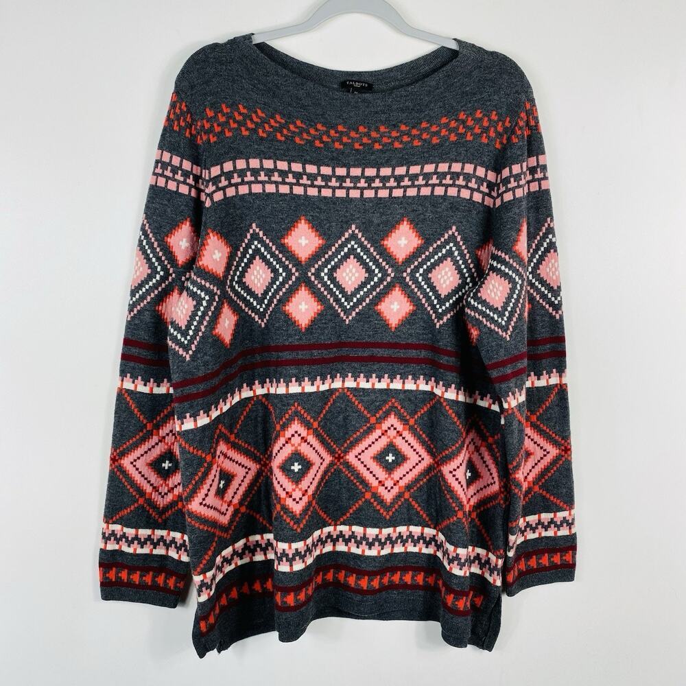 Talbots Sweater 1X Lambswool Blend Boatneck Diamond Gray